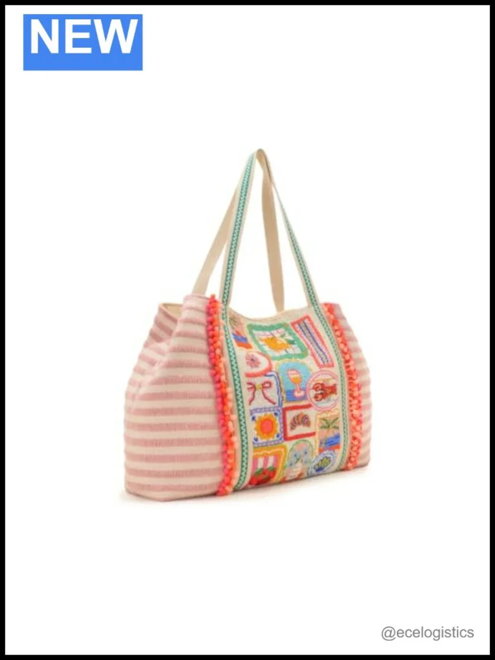 Oversized Beaded Tote Bag Summer Vacation Beach Purse Pom Pom Canvas Handles
